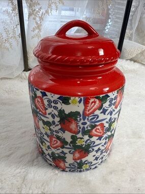 Strawberry floral ceramic canister with lid